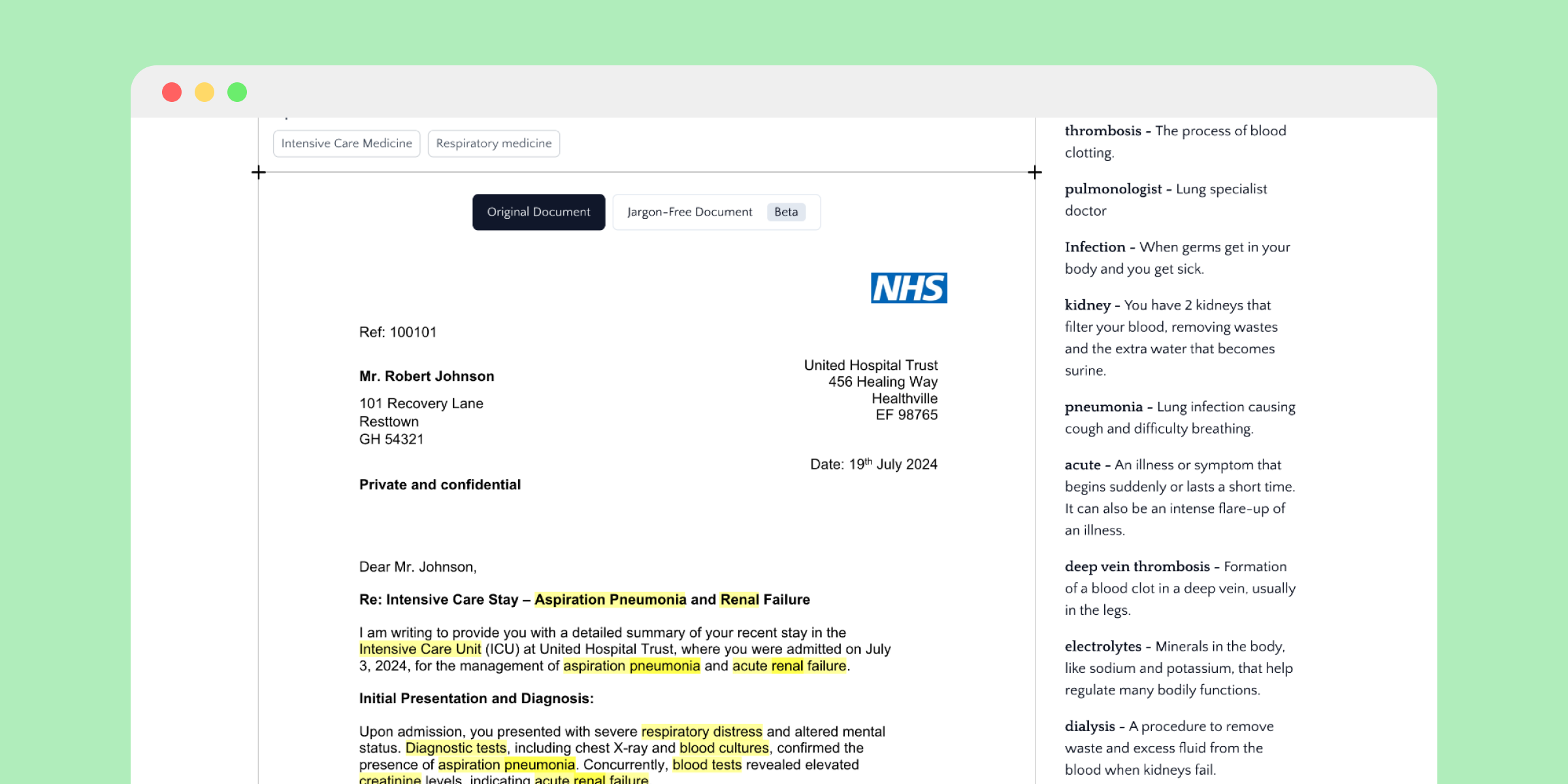 Cleardoc medical document translation interface