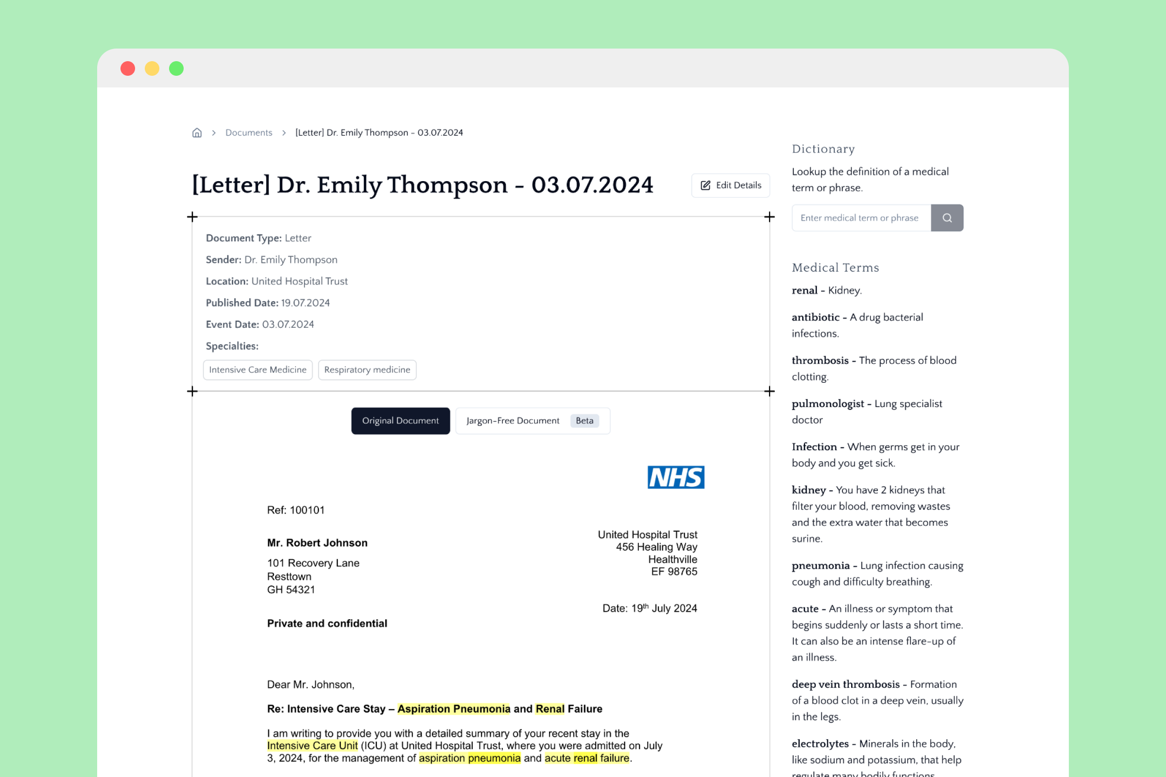 Cleardoc medical document translation interface